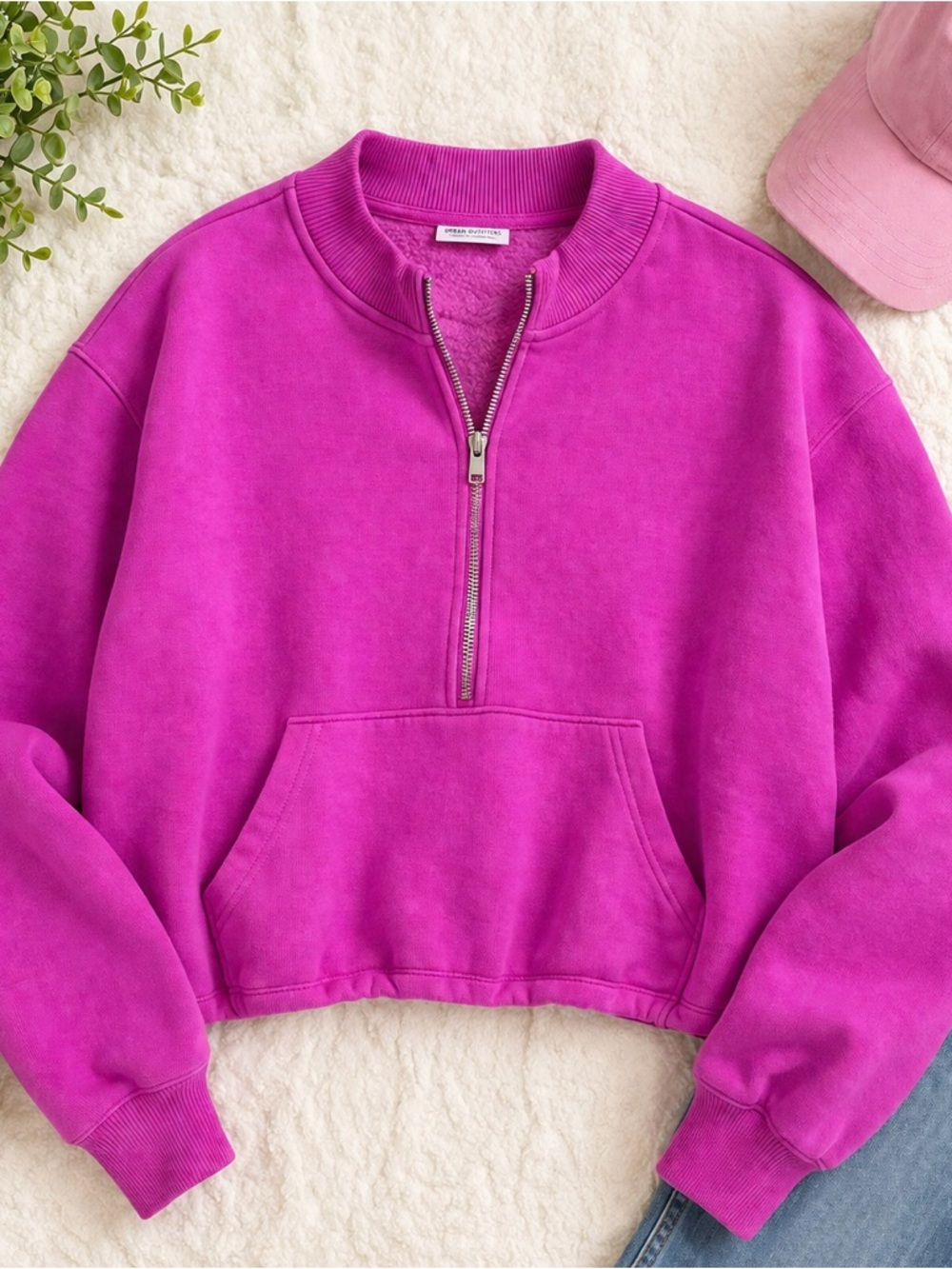 PINK Victoria’s Secret Bright Pink Half Zip Cropped Sweatshirt Size Small